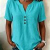 Casual Loose-fit Cotton-linen V-neck Button-up Top