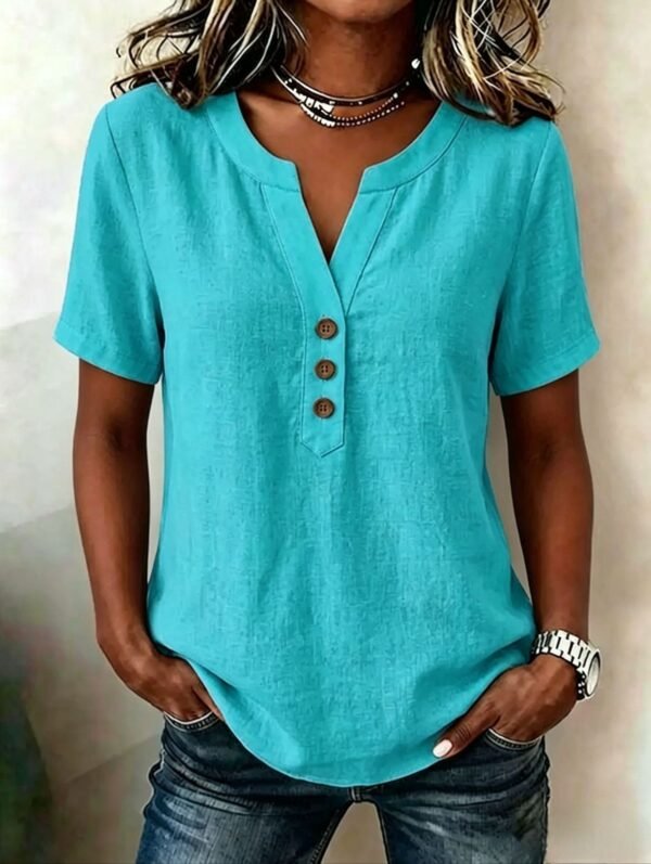 Casual Loose-fit Cotton-linen V-neck Button-up Top