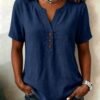 Casual Loose-fit Cotton-linen V-neck Button-up Top