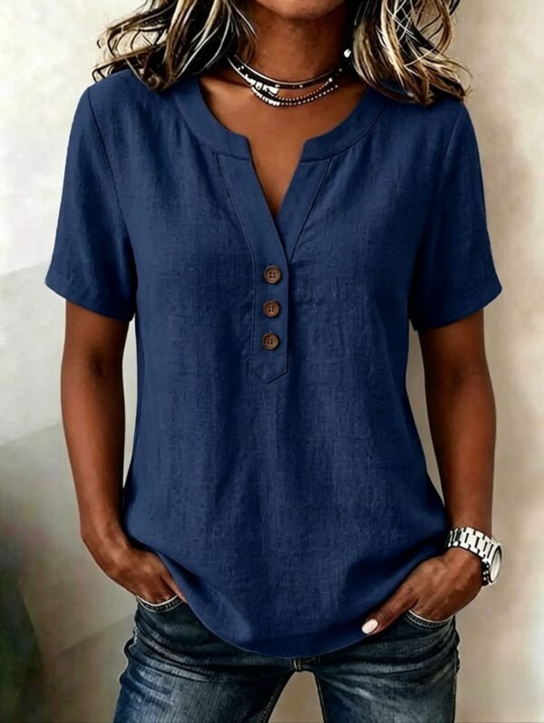 Casual Loose-fit Cotton-linen V-neck Button-up Top
