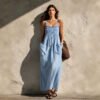Olive Green Cotton-Linen Strap For Women Loose-Fitting Slimming Long Dress In A Vacation Style