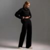 Womens Solid-color Polo-collar Wide-leg Pants Set