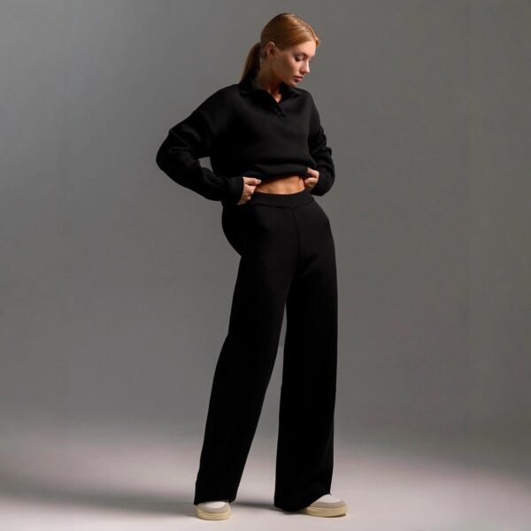 Womens Solid-color Polo-collar Wide-leg Pants Set