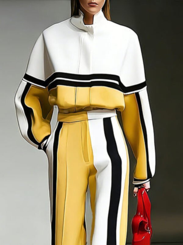 Color-block Sporty Hoodie And Wide-leg Pants Set