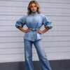 Lace-up Waist-cinching Bell-sleeve Cropped-sleeve Versatile Vintage Denim Shirt