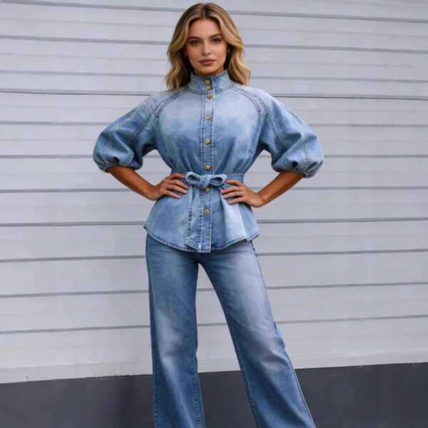 Lace-up Waist-cinching Bell-sleeve Cropped-sleeve Versatile Vintage Denim Shirt
