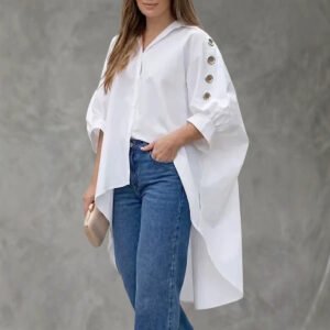 Womens Loose-fit Solid-color Long-sleeve Shirt