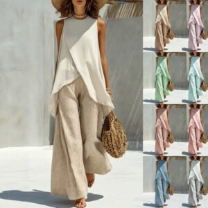 Womens Crew-neck Pullover Sleeveless Top And Long Pants Set