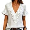 Womens Short-Sleeved T-Shirt With Ruffled Hem And V-Neck
