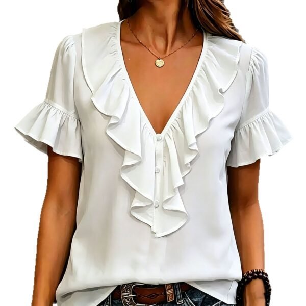 Womens Short-Sleeved T-Shirt With Ruffled Hem And V-Neck