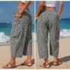 Retro Plaid Drawstring Casual Pants High-Waisted Slimming Straight-Leg Cropped Trousers