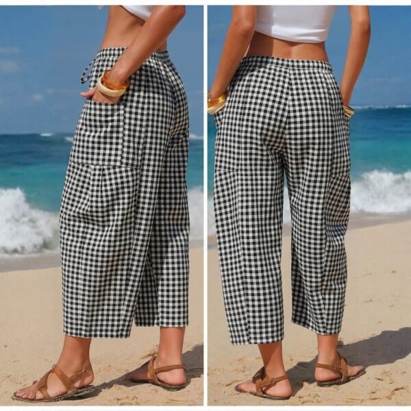 Retro Plaid Drawstring Casual Pants High-Waisted Slimming Straight-Leg Cropped Trousers