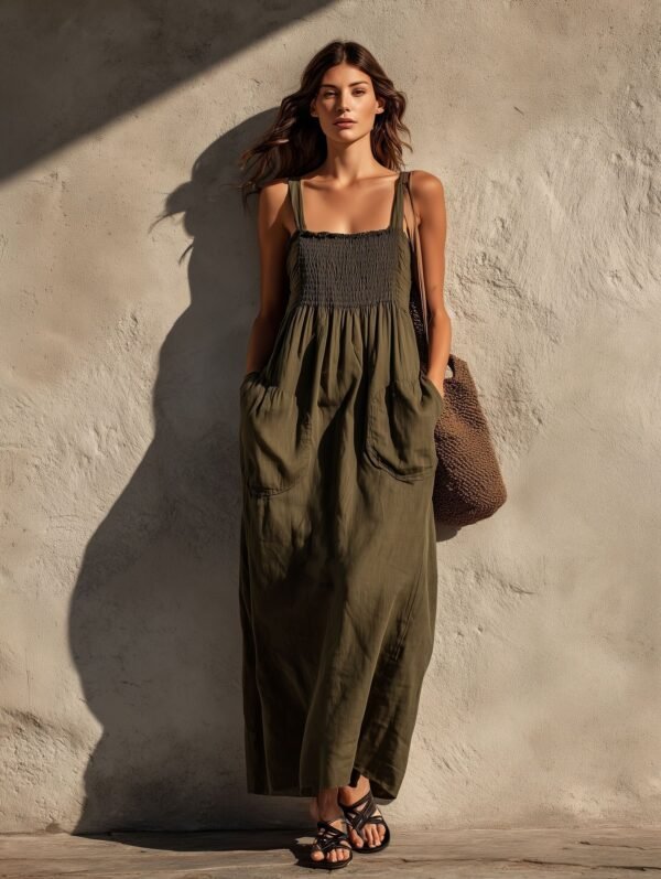 Olive Green Cotton-Linen Strap For Women Loose-Fitting Slimming Long Dress In A Vacation Style