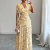 Womens Casual Floral-print V-neck Puff-sleeve Dress