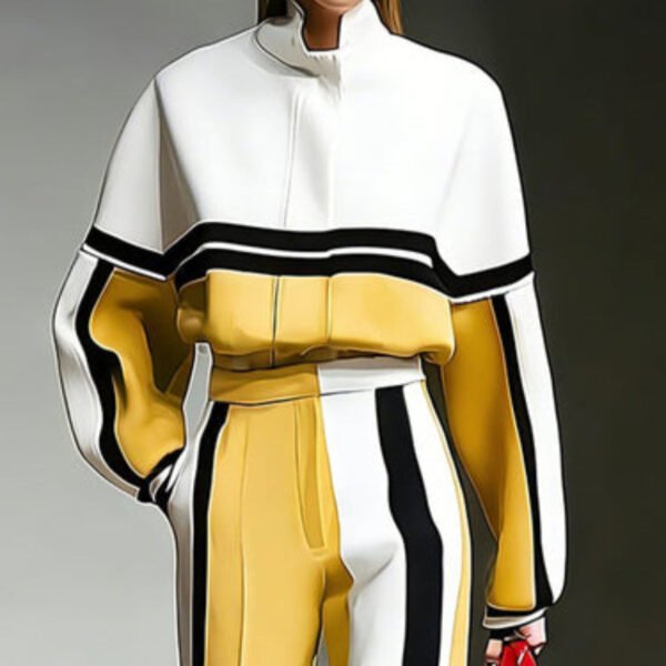 Color-block Sporty Hoodie And Wide-leg Pants Set