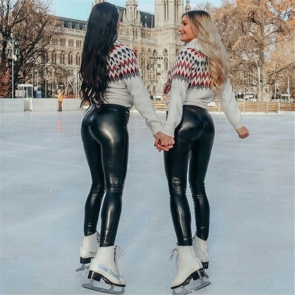Womens Plus-Size High-Waisted Fleece-Lined PU Leather Pants