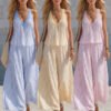 Lace V-neck Pleated Striped Loose-fitting Slimming Wide-leg Pants Set