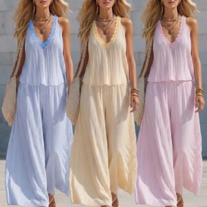 2087bac8-5240-484d-bb34-b4e394f49112.jpg Lace V-neck Pleated Striped Loose-fitting Slimming Wide-leg Pants Set