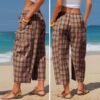 Retro Plaid Drawstring Casual Pants High-Waisted Slimming Straight-Leg Cropped Trousers