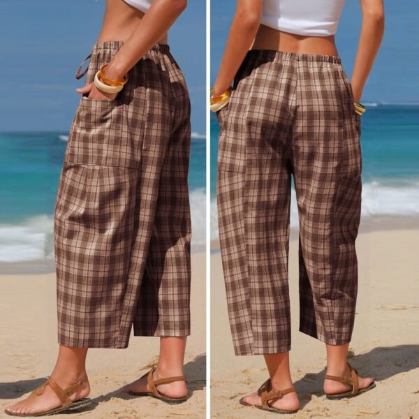 Retro Plaid Drawstring Casual Pants High-Waisted Slimming Straight-Leg Cropped Trousers