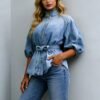 Lace-up Waist-cinching Bell-sleeve Cropped-sleeve Versatile Vintage Denim Shirt