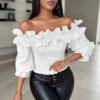 Womens Off-shoulder Ruffled Lantern-sleeve Blouse