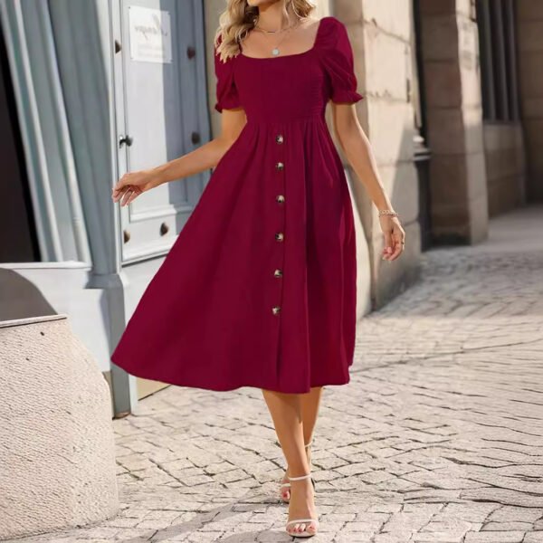 28e138d6-ee70-4a70-ad87-4013c396b652.jpg Womens Square-neck Pleated Short-sleeve Dress With Buttons