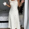 Small Floral Print Ribbed Fabric Ruffled-edged Strap Maxi-length Sleepwear