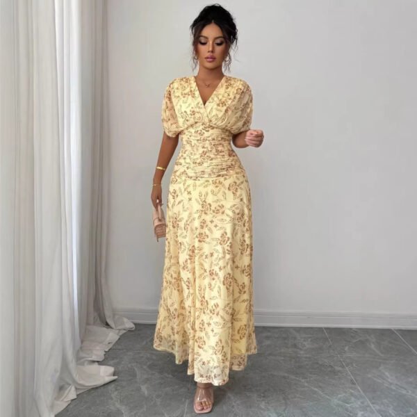 Womens Casual Floral-print V-neck Puff-sleeve Dress