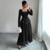 Square Neck Flare Long Sleeve Pearl Trim Waist Maxi Formal Evening Dress