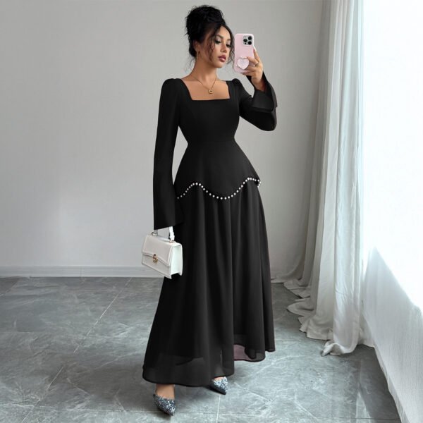 Square Neck Flare Long Sleeve Pearl Trim Waist Maxi Formal Evening Dress