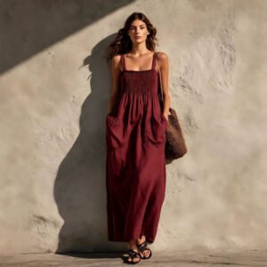 Olive Green Cotton-Linen Strap For Women Loose-Fitting Slimming Long Dress In A Vacation Style