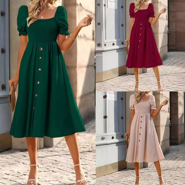 31815731-7c62-470a-8bde-917f7bfbb638.jpg Womens Square-neck Pleated Short-sleeve Dress With Buttons