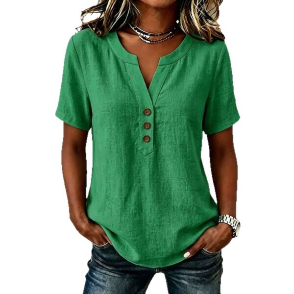 Casual Loose-fit Cotton-linen V-neck Button-up Top