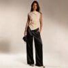 Womens Casual Solid-color Satin Wide-leg Pants
