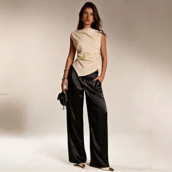 Womens Casual Solid-color Satin Wide-leg Pants