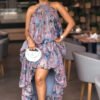 Floral-print Halter-neck High-low Ruffled Dress