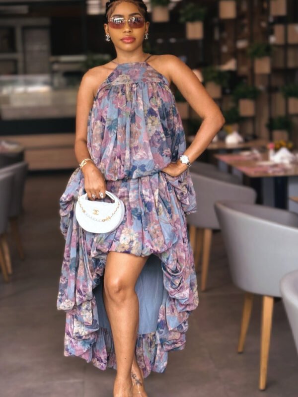 Floral-print Halter-neck High-low Ruffled Dress