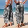 Retro Plaid Drawstring Casual Pants High-Waisted Slimming Straight-Leg Cropped Trousers
