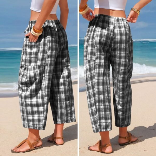 Retro Plaid Drawstring Casual Pants High-Waisted Slimming Straight-Leg Cropped Trousers