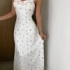Small Floral Print Ribbed Fabric Ruffled-edged Strap Maxi-length Sleepwear