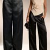 Womens Casual Solid-color Satin Wide-leg Pants