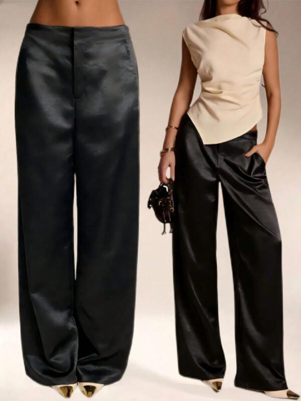 Womens Casual Solid-color Satin Wide-leg Pants