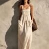 Olive Green Cotton-Linen Strap For Women Loose-Fitting Slimming Long Dress In A Vacation Style