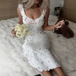 Small Floral Print Ribbed Fabric Ruffled-edged Strap Maxi-length Sleepwear