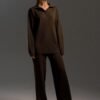 Womens Solid-color Polo-collar Wide-leg Pants Set