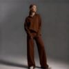 Womens Solid-color Polo-collar Wide-leg Pants Set