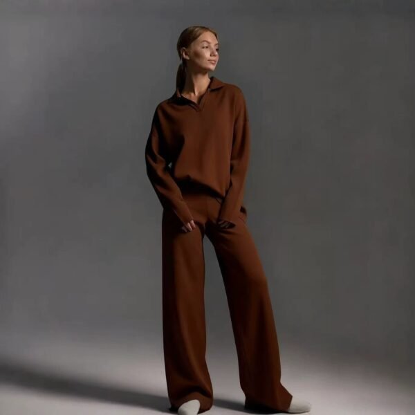 Womens Solid-color Polo-collar Wide-leg Pants Set