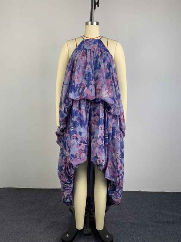 Floral-print Halter-neck High-low Ruffled Dress