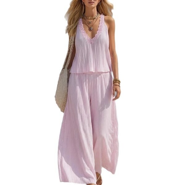 Lace V-neck Pleated Striped Loose-fitting Slimming Wide-leg Pants Set